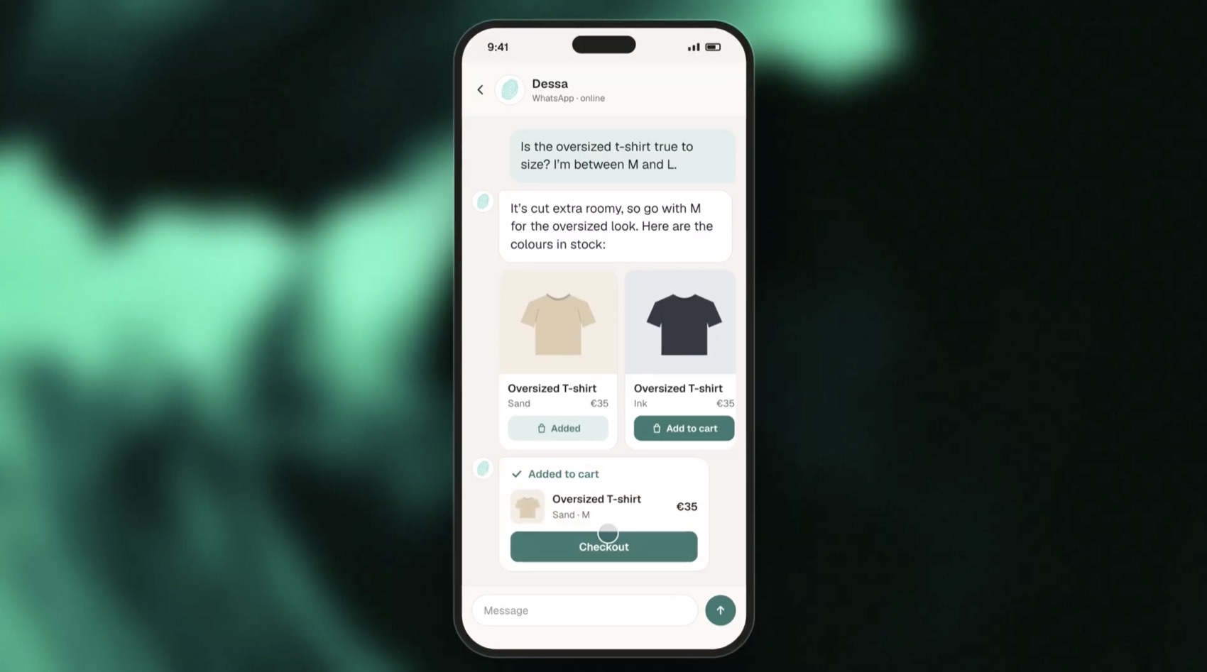 Dessa recommande des produits et remplit le panier dans une conversation WhatsApp